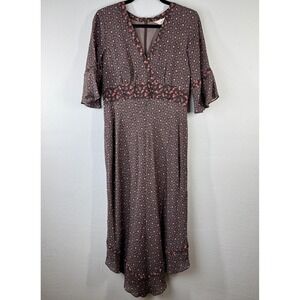 J Jill Dress Womens 6‎ Brown Pink Floral Midi V Neck Bell Sleeve Boho Lined